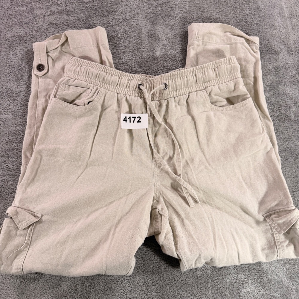 Happily Grey Cargo Pants Women M Beige Linen Blend Drawstring Jogger Utility